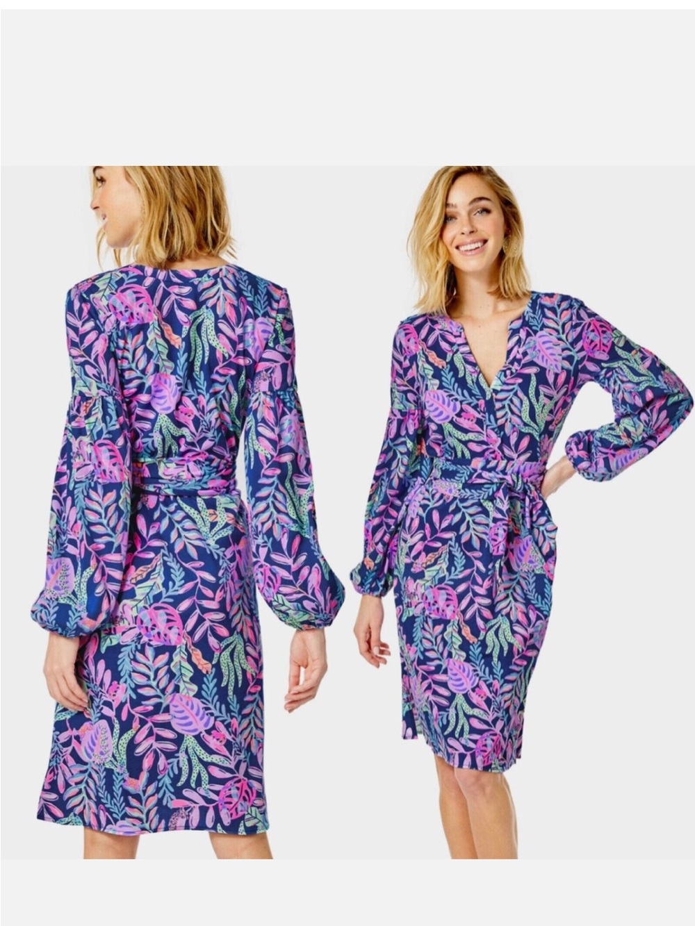 Lilly Pulitzer Navy Dress with Pink & Teal Leaf Print